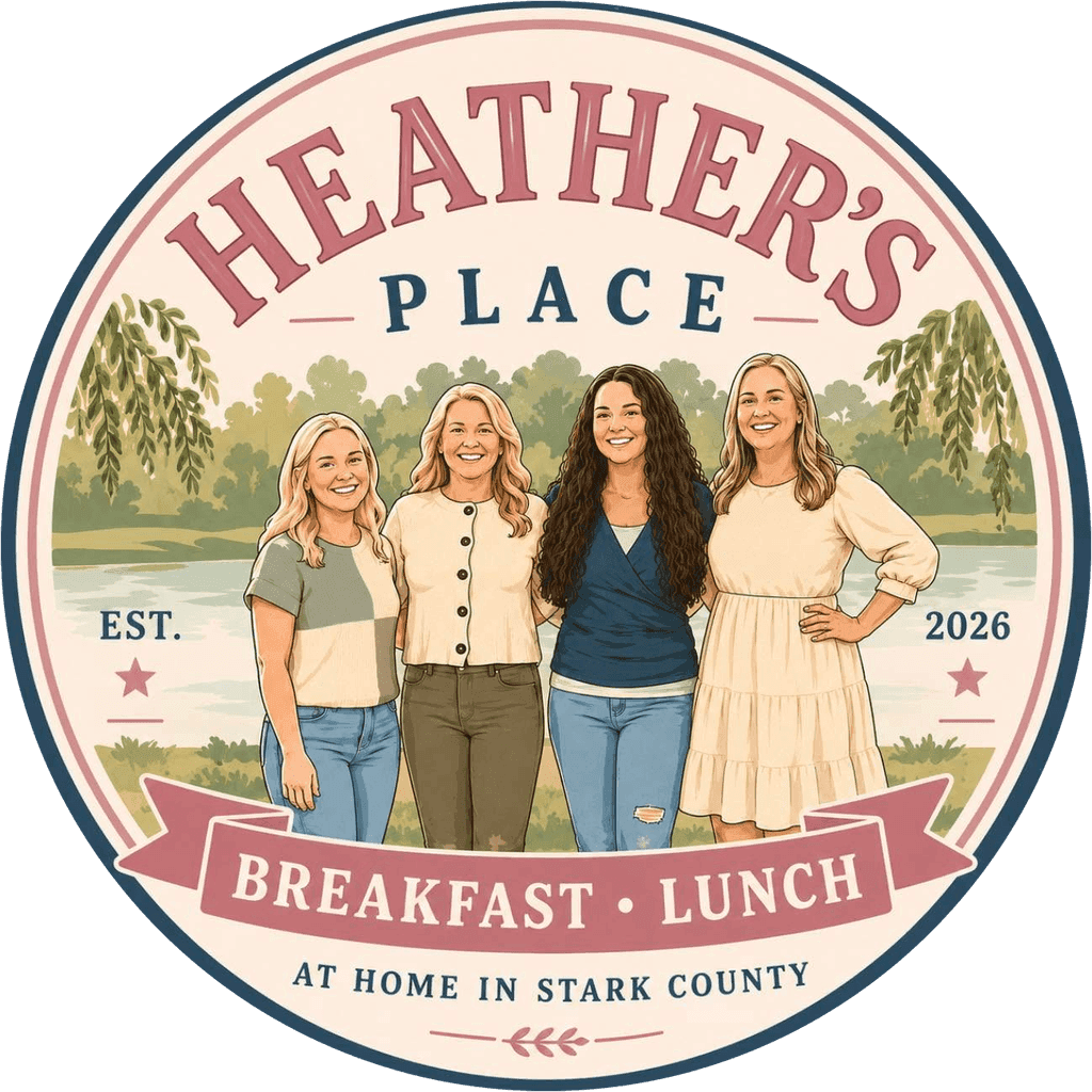 Heather's Place logo — four family members by the water, Breakfast • Lunch, at home in Stark County