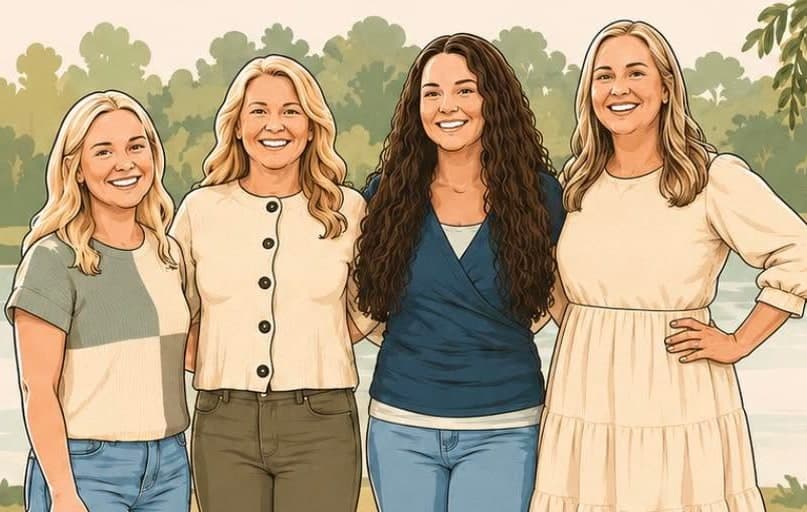 Illustration of the four women of the Heather's Place family standing together by a lake
